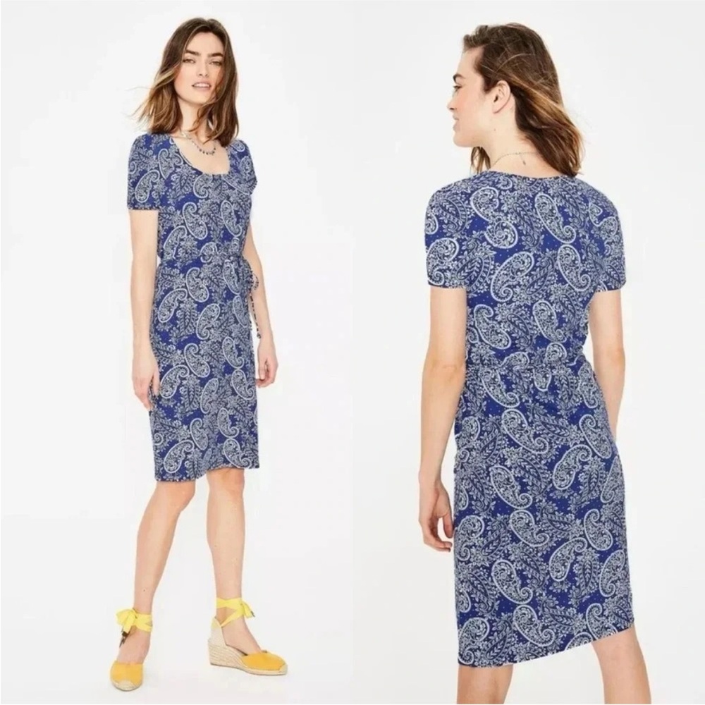 Boden Elspeth Lapis Blue‎ Mexican Paisley Jersey Dress Scoop Neck Short Sleeve 2